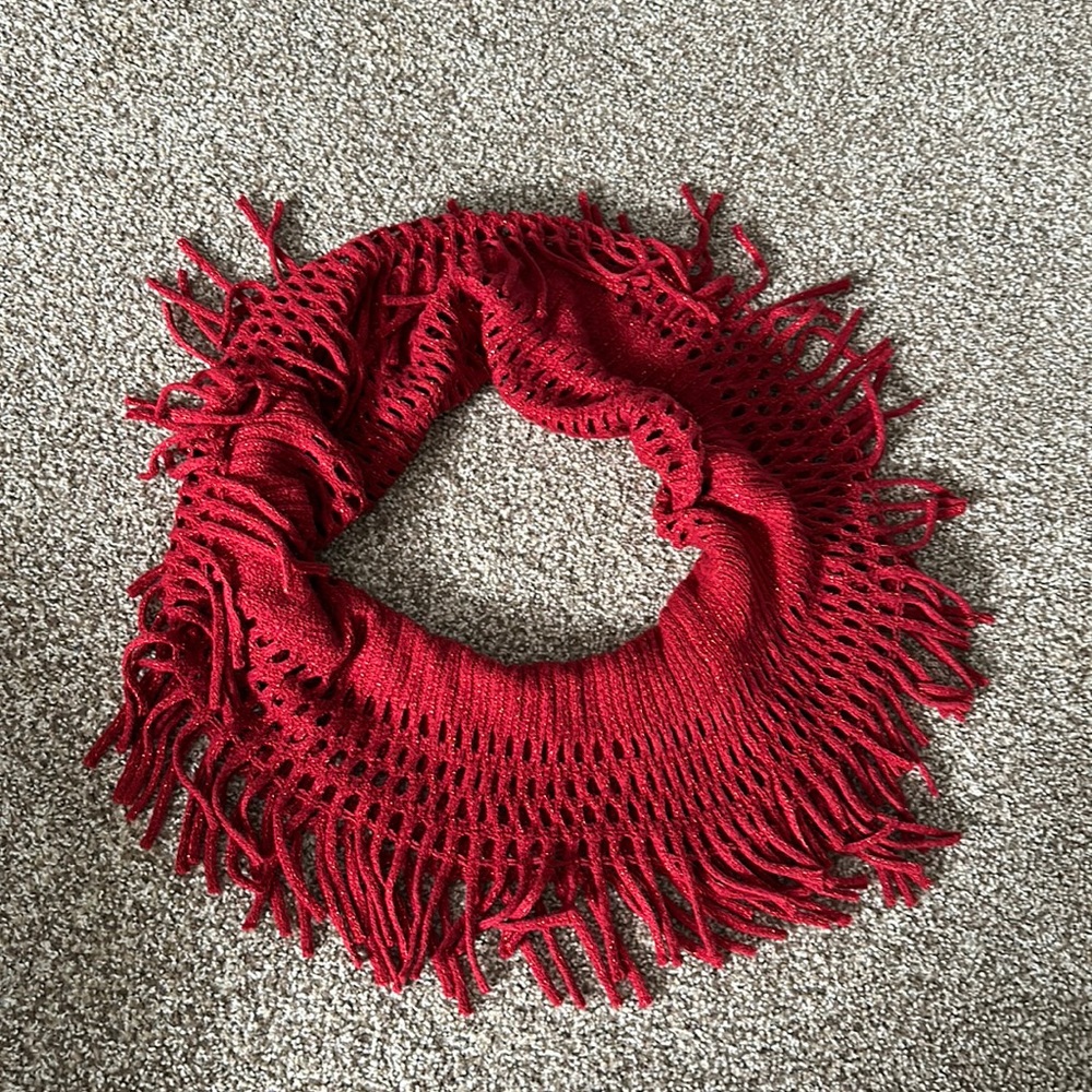 Red infinity scarf with fringe